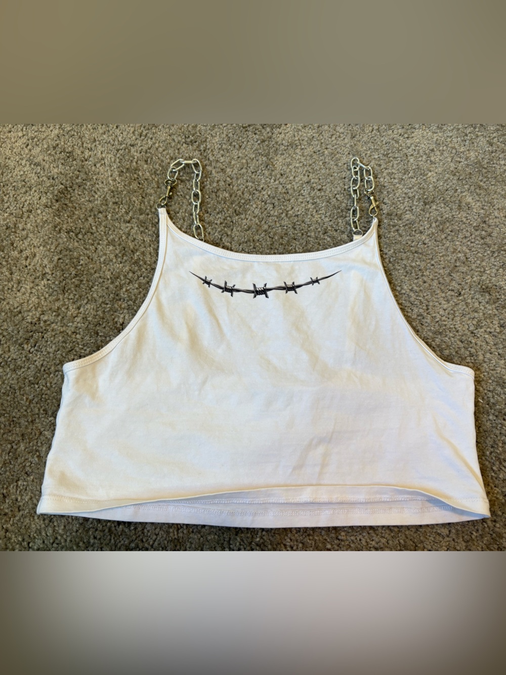 POSTER GIRL White Crop Tank with Chain Straps & Barbed Wire Graphic